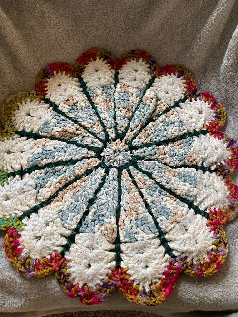 Hand crafted Multi-coloured Crocheted Flower Cushion 18” across